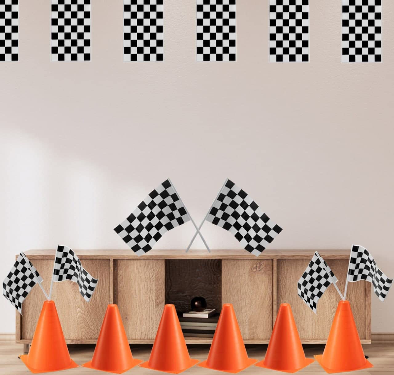 Bedwina Traffic Cones and Racing Checkered Flags - (24 Pcs) 12 - Black & White Flags on Sticks & 12-8-Inch Mini Orange Sports Safety Cones for Kids - Race Car Theme Birthday Centerpiece Party Decor